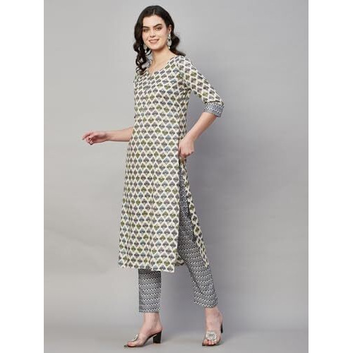 ANNI DESIGNER Women's Cotton Blend Straight Printed Kurta with Pant (B12 Cream_L_Cream_Large)