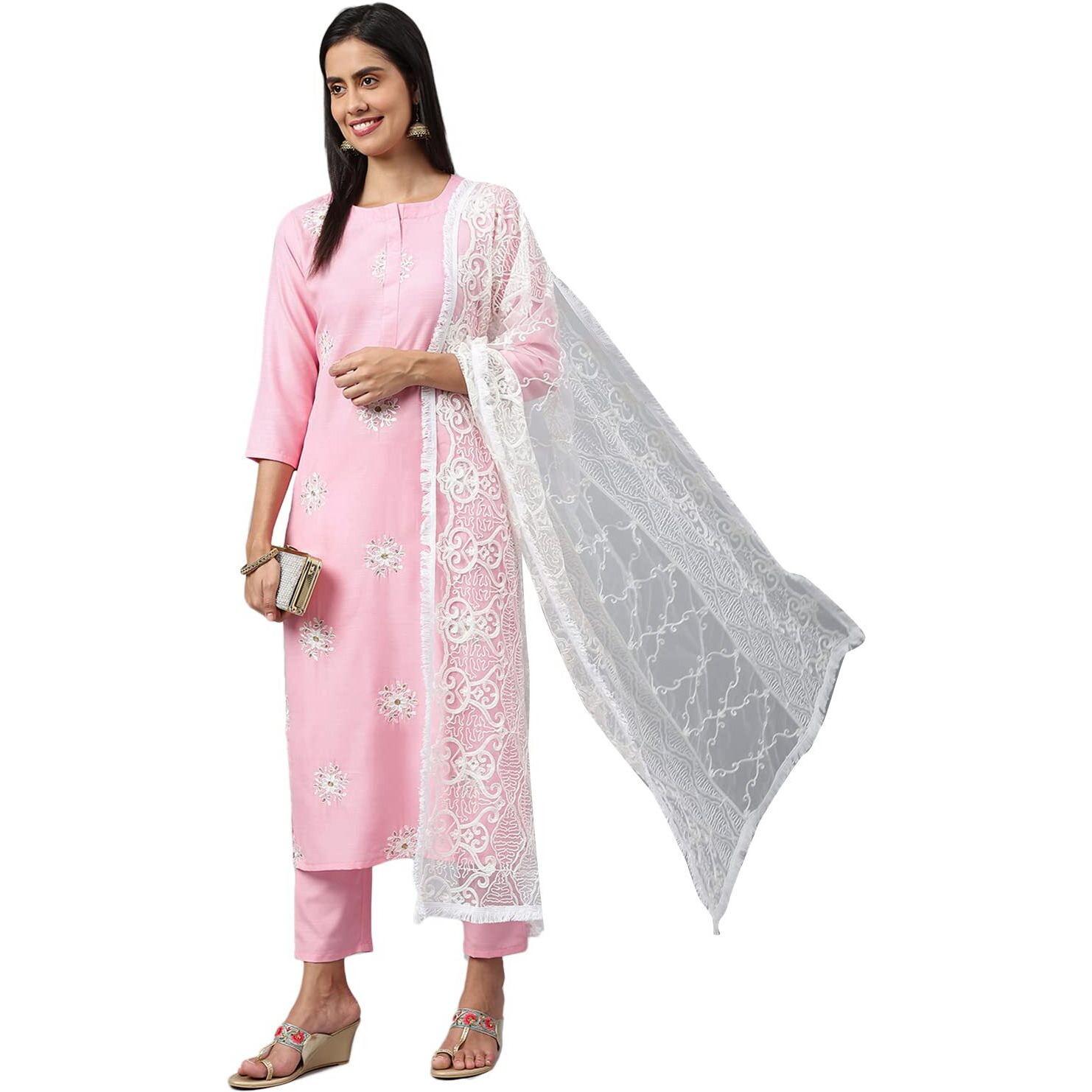 ANNI DESIGNER Women's Cotton Blend Embroidered Straight Kurta with Pant & Dupatta (White Show STY Light Pink_S_Light Pink_Small)