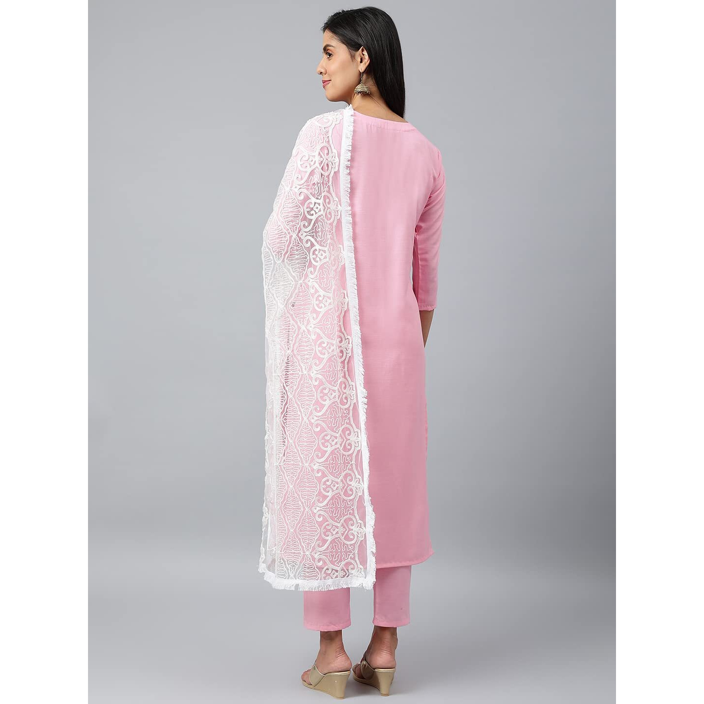 ANNI DESIGNER Women's Cotton Blend Embroidered Straight Kurta with Pant & Dupatta (White Show STY Light Pink_S_Light Pink_Small)