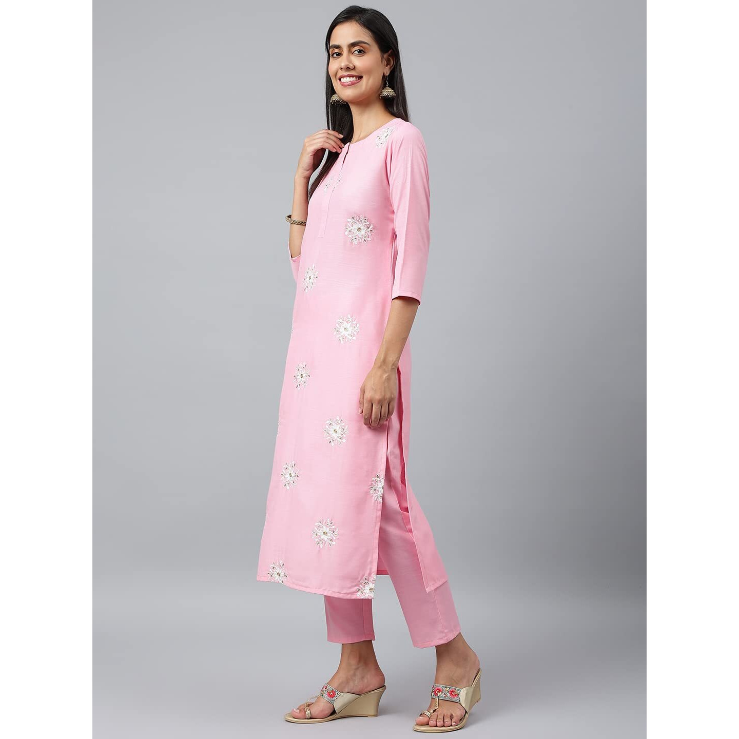 ANNI DESIGNER Women's Cotton Blend Embroidered Straight Kurta with Pant & Dupatta (White Show STY Light Pink_S_Light Pink_Small)