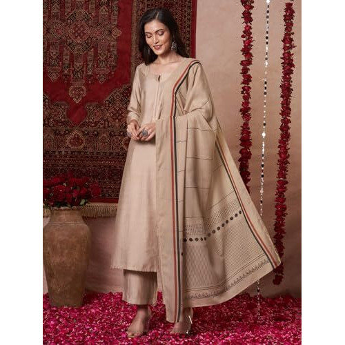 ANNI DESIGNER Women's Rayon Viscose Solid Straight Kurta with Pant & Dupatta (Raja Saab Beige-VKS14_4XL_Beige_XXXX-Large)