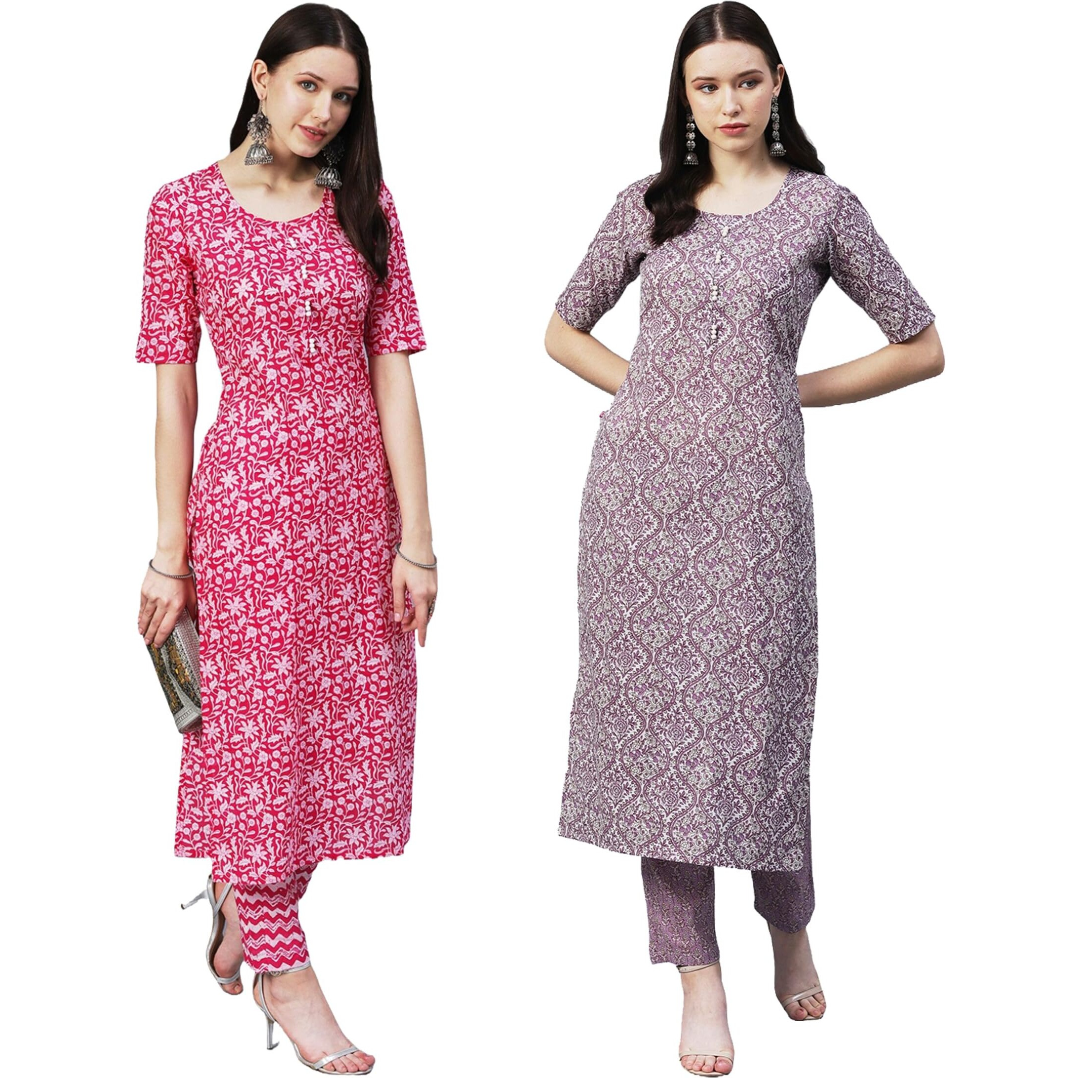 ANNI DESIGNER Women's Cotton Blend Printed Straight Kurta with Pant Pack of 2 (Combo-Azrak-Batakli_Multicolor_Large)