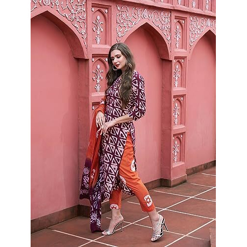 ANNI DESIGNER Women's Cotton Blend Straight Printed Kurta with Pant & Dupatta (Sidda Wine_M_Wine_Medium)