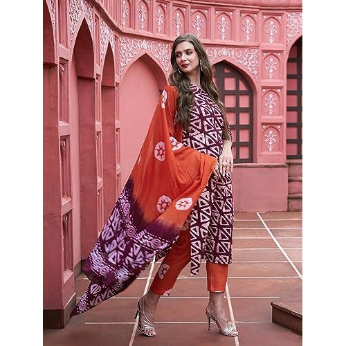 ANNI DESIGNER Women's Cotton Blend Straight Printed Kurta with Pant & Dupatta (Sidda Wine_M_Wine_Medium)