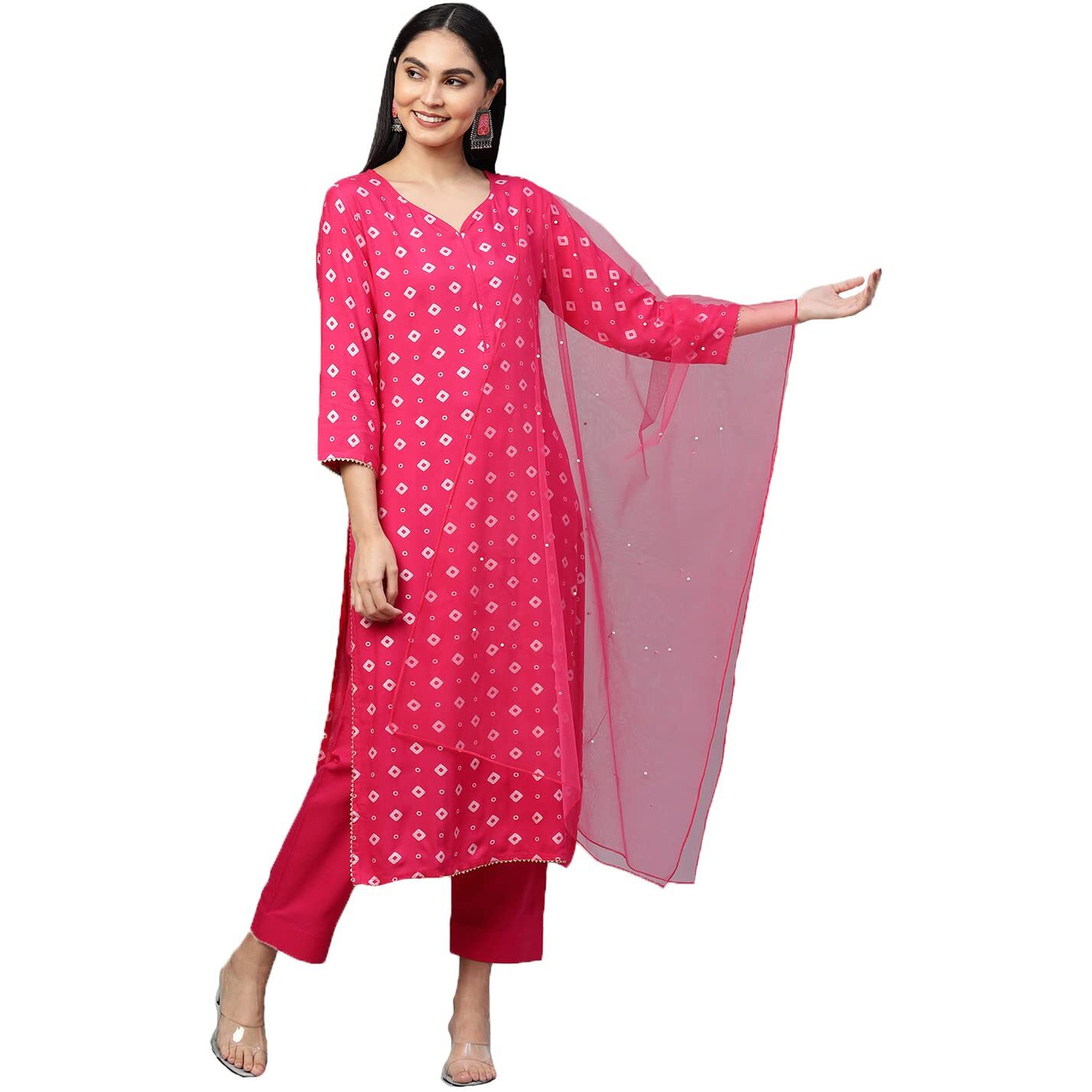 ANNI DESIGNER Women's Cotton Straight Kurta with Pant & Dupatta (SASI Pink_M_Pink_Medium)