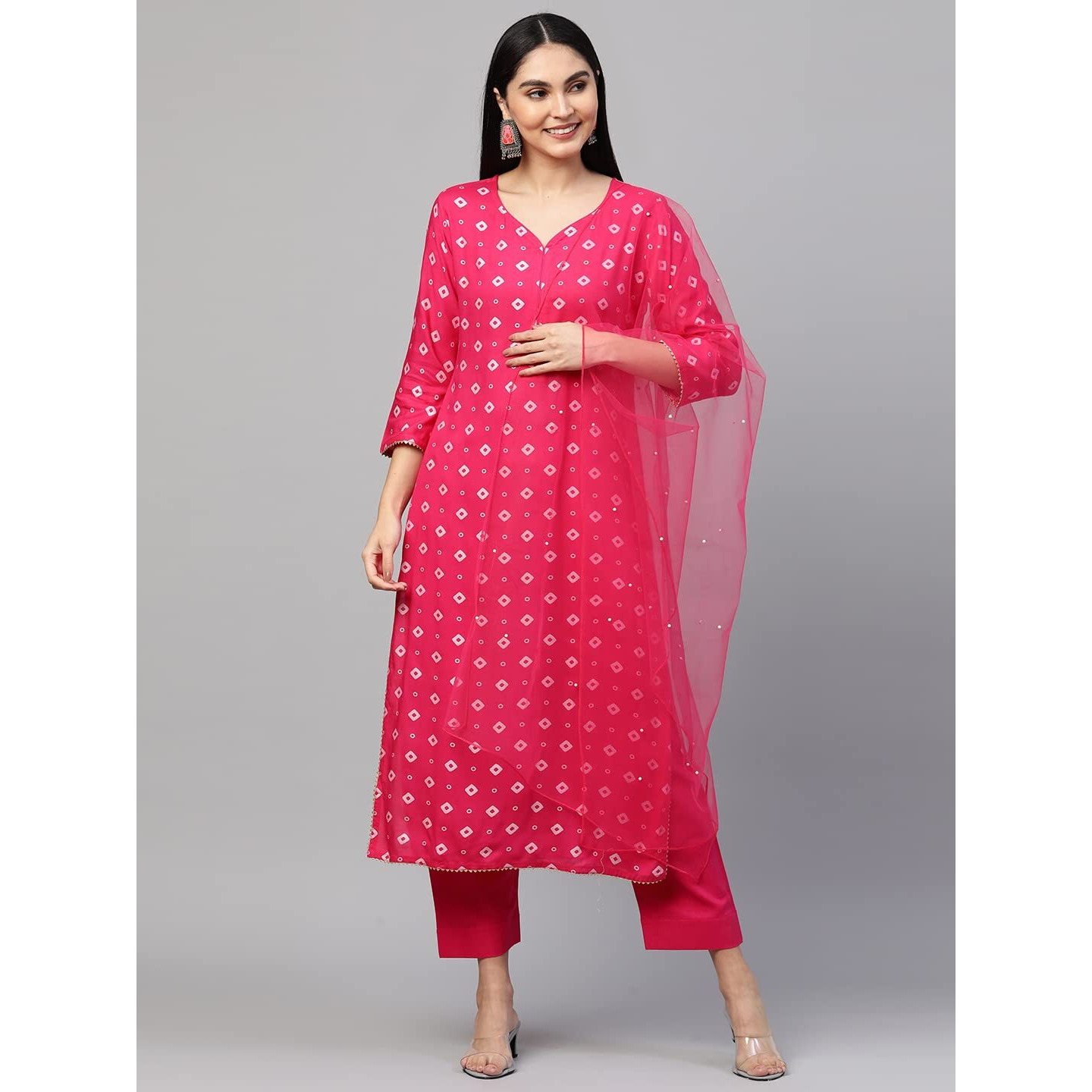 ANNI DESIGNER Women's Cotton Straight Kurta with Pant & Dupatta (SASI Pink_M_Pink_Medium)