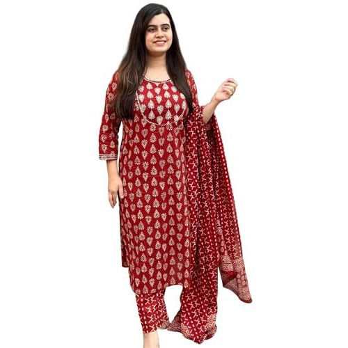 ANNI DESIGNER Women's Rayon Blend Printed Straight Kurta with Pant & Dupatta (MAU RED_S_Red_Small)
