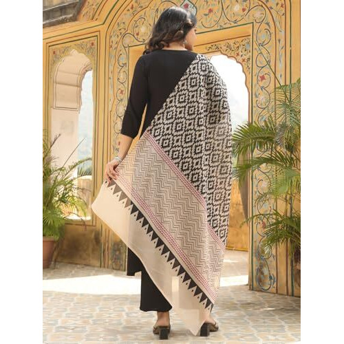 ANNI DESIGNER Women's Rayon Blend Straight Solid Kurta with Pant & Dupatta (Jamana Black-VKS01_XXL_Black_XX-Large)