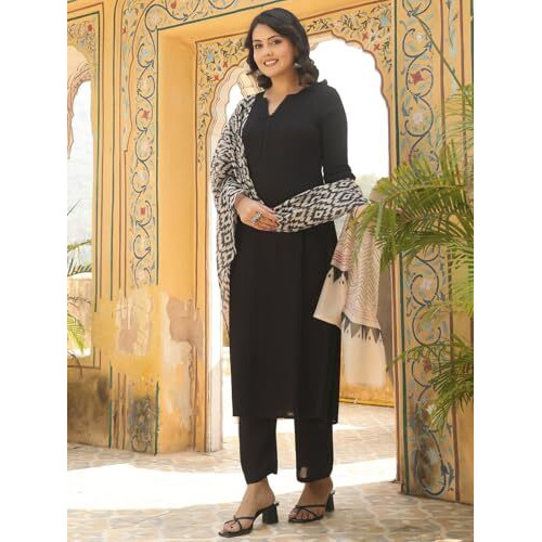 ANNI DESIGNER Women's Rayon Blend Straight Solid Kurta with Pant & Dupatta (Jamana Black-VKS01_XXL_Black_XX-Large)