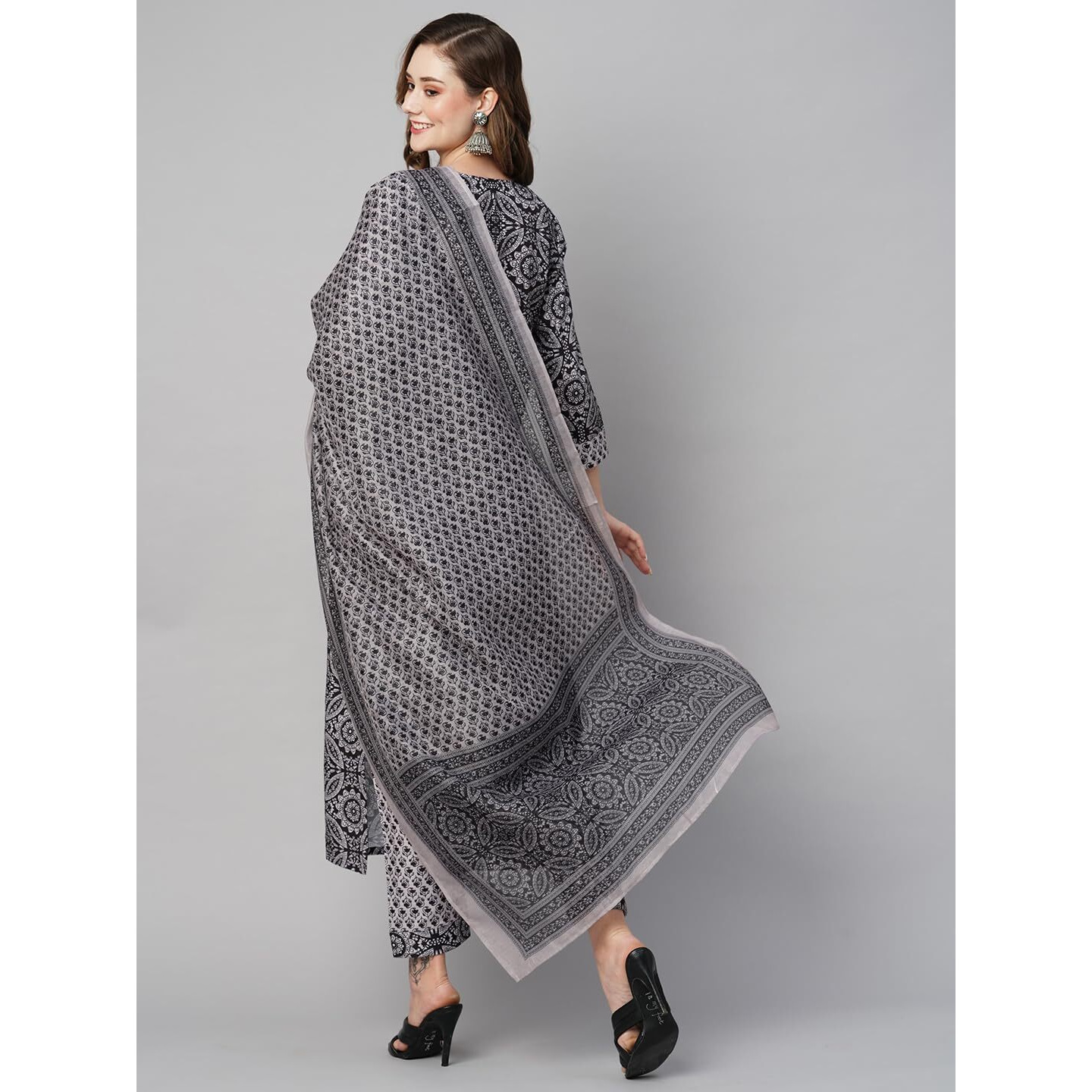 ANNI DESIGNER Women's Cotton Blend Straight Printed Kurta with Pant & Dupatta (Nihira Cream-7NW_S_Black_Small)