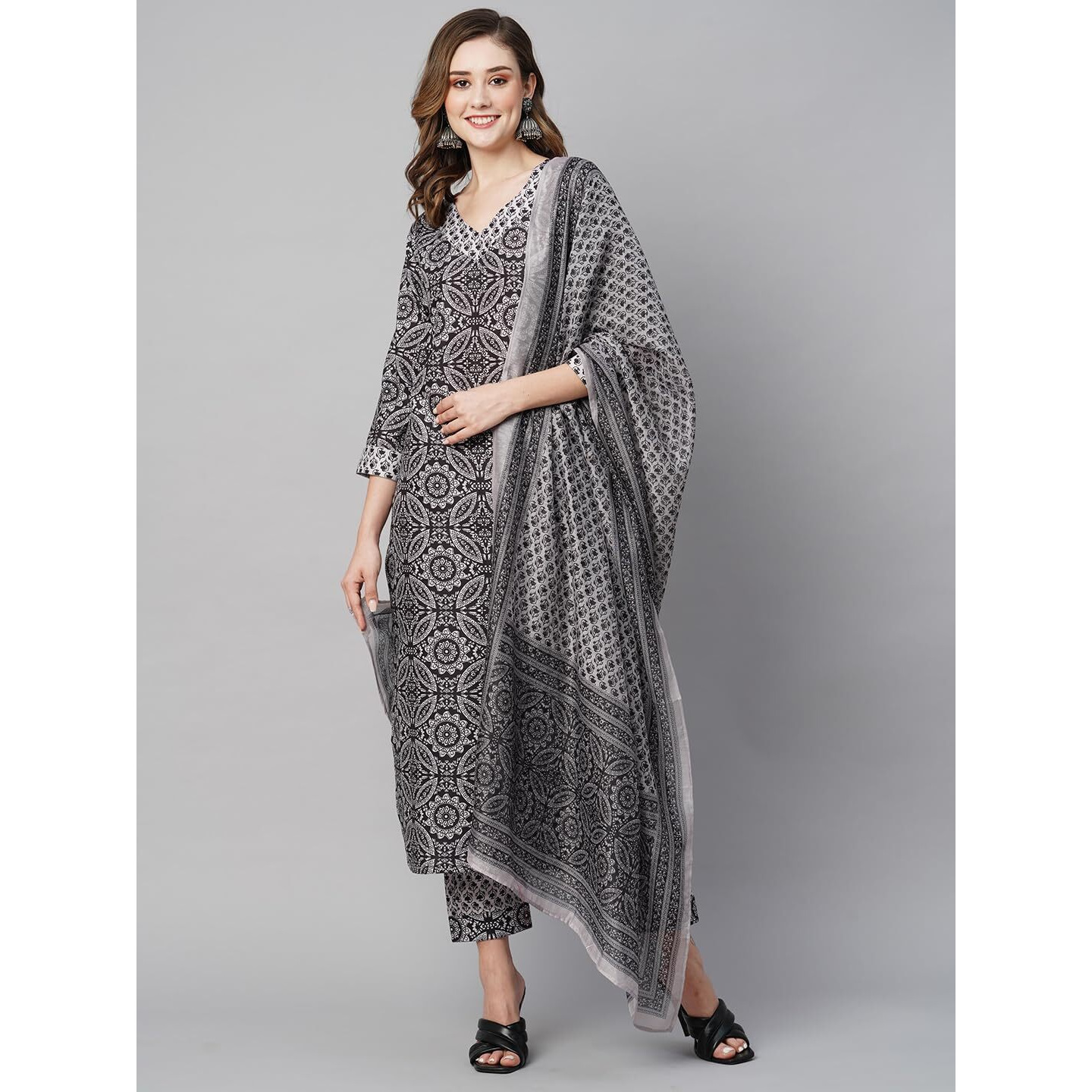 ANNI DESIGNER Women's Cotton Blend Straight Printed Kurta with Pant & Dupatta (Nihira Cream-7NW_S_Black_Small)