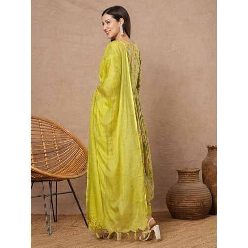 ANNI DESIGNER Women's Rayon Viscose Printed Anarkali Kurta with Pant & Dupatta (Horizon GREEN-VKS01_S_Green_Small)