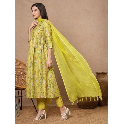 ANNI DESIGNER Women's Rayon Viscose Printed Anarkali Kurta with Pant & Dupatta (Horizon GREEN-VKS01_S_Green_Small)