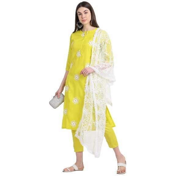 ANNI DESIGNER Women's Ruby Cotton Straight Embroidery Kurti with Pant & Dupatta Set (White-Show Clear_XL Clear_X-Large)