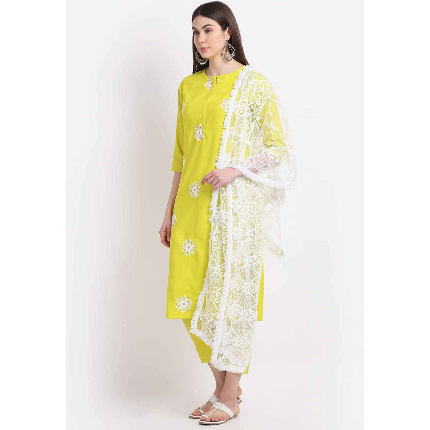 ANNI DESIGNER Women's Ruby Cotton Straight Embroidery Kurti with Pant & Dupatta Set (White-Show Clear_XL Clear_X-Large)