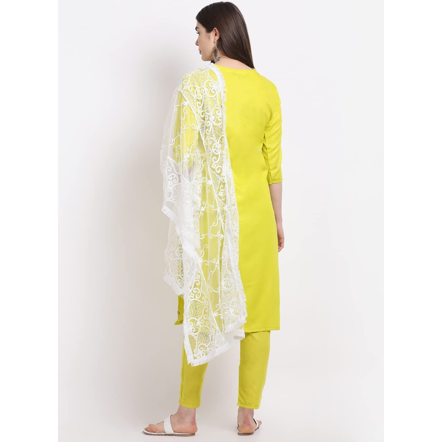 ANNI DESIGNER Women's Ruby Cotton Straight Embroidery Kurti with Pant & Dupatta Set (White-Show Clear_XL Clear_X-Large)