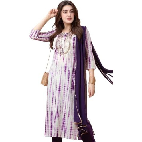 ANNI DESIGNER Women's Rayon Viscose Printed Straight Kurta with Pant & Dupatta (Tiedye BEGANI-VKS04_4XL_Violet_XXXX-Large)