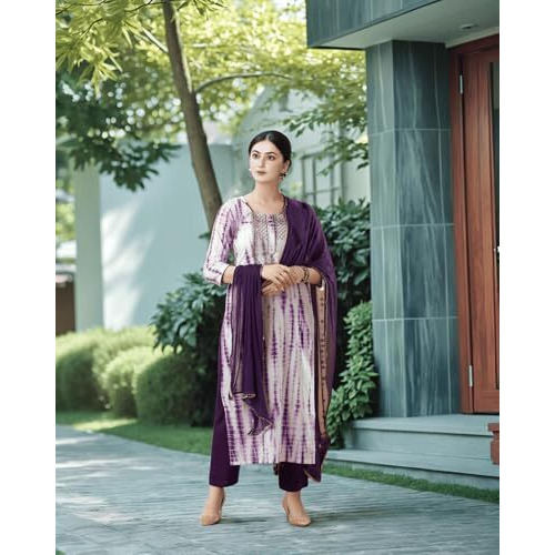 ANNI DESIGNER Women's Rayon Viscose Printed Straight Kurta with Pant & Dupatta (Tiedye BEGANI-VKS04_4XL_Violet_XXXX-Large)
