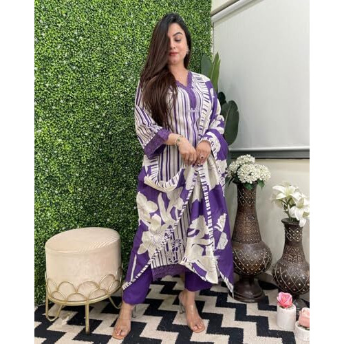 ANNI DESIGNER Women's Rayon Blend Straight Printed Kurta with Pant & Dupatta (EXHUMA BEGANI_S_Begani_Small)