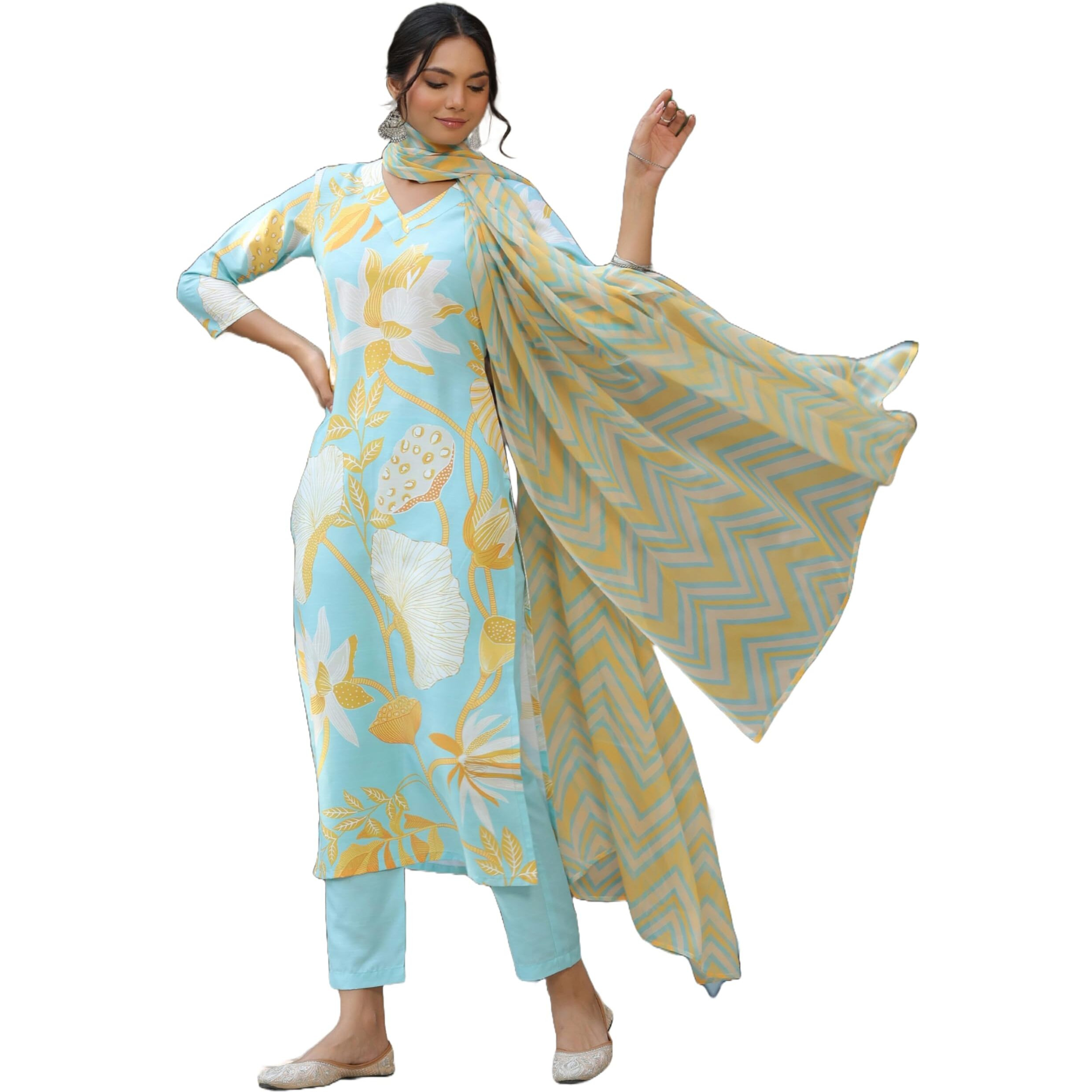ANNI DESIGNER Women's Cotton Blend Straight Printed Kurta with Pant & Dupatta (Sohini Pista-BFD_S_Pista_Small)