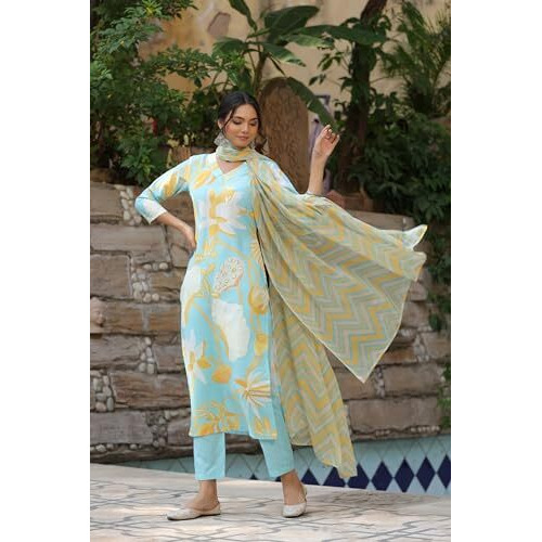 ANNI DESIGNER Women's Cotton Blend Straight Printed Kurta with Pant & Dupatta (Sohini Pista-BFD_S_Pista_Small)