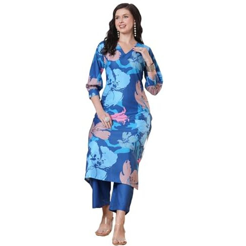 ANNI DESIGNER Women's Rayon Viscose Straight Printed Kurta with Pant (KITIMAT CEROSIN-VKS01_XXL_Blue_XX-Large)