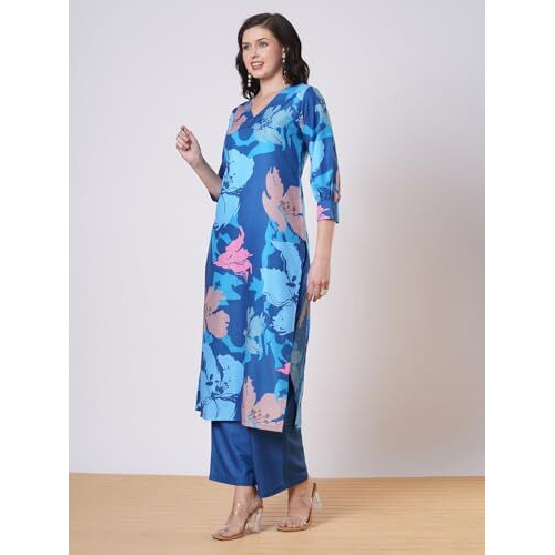 ANNI DESIGNER Women's Rayon Viscose Straight Printed Kurta with Pant (KITIMAT CEROSIN-VKS01_XXL_Blue_XX-Large)