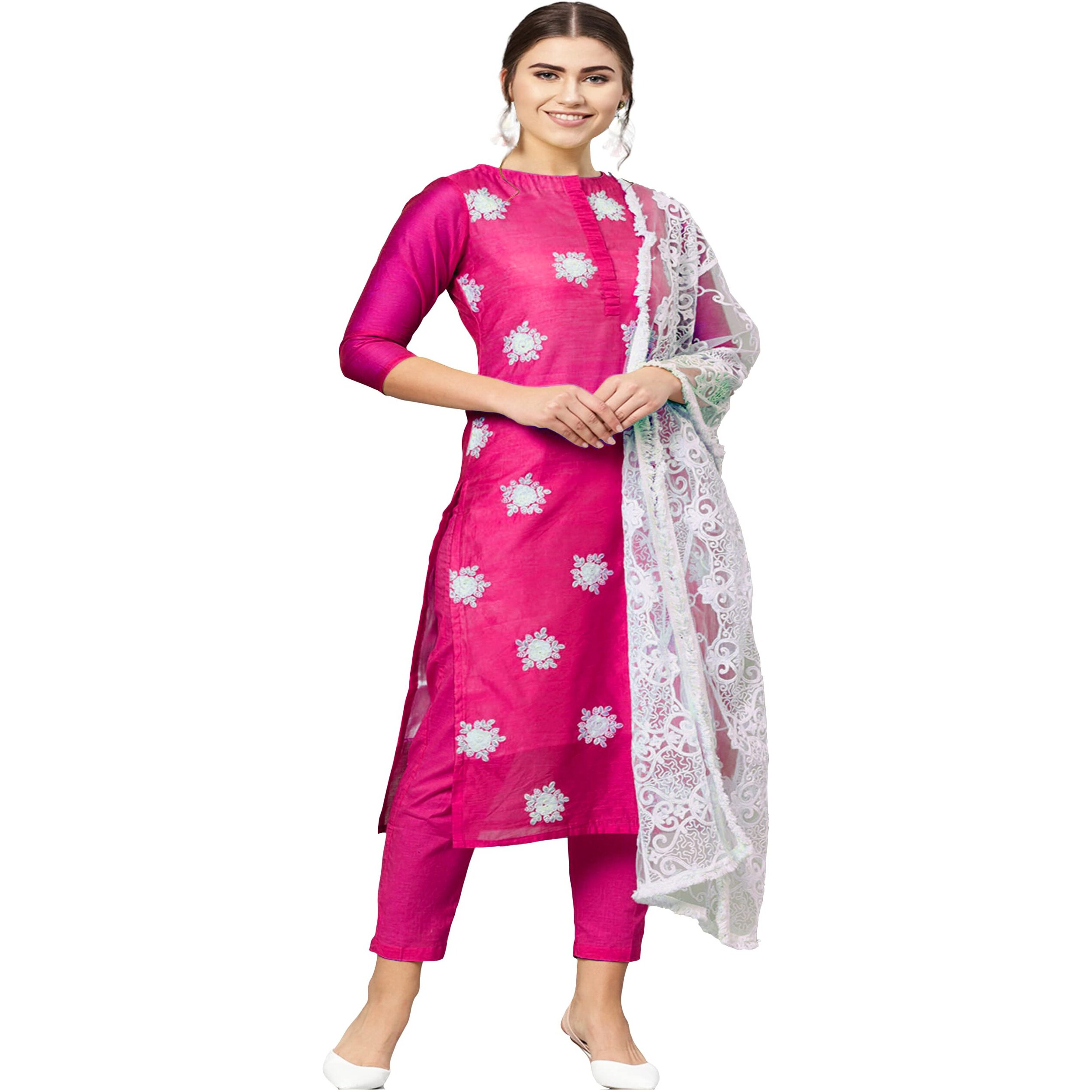 ANNI DESIGNER Women's Ruby Cotton Straight Embroidery Kurti with Pant & Dupatta Set (White-Show Pink_XXL Pink_XX-Large)