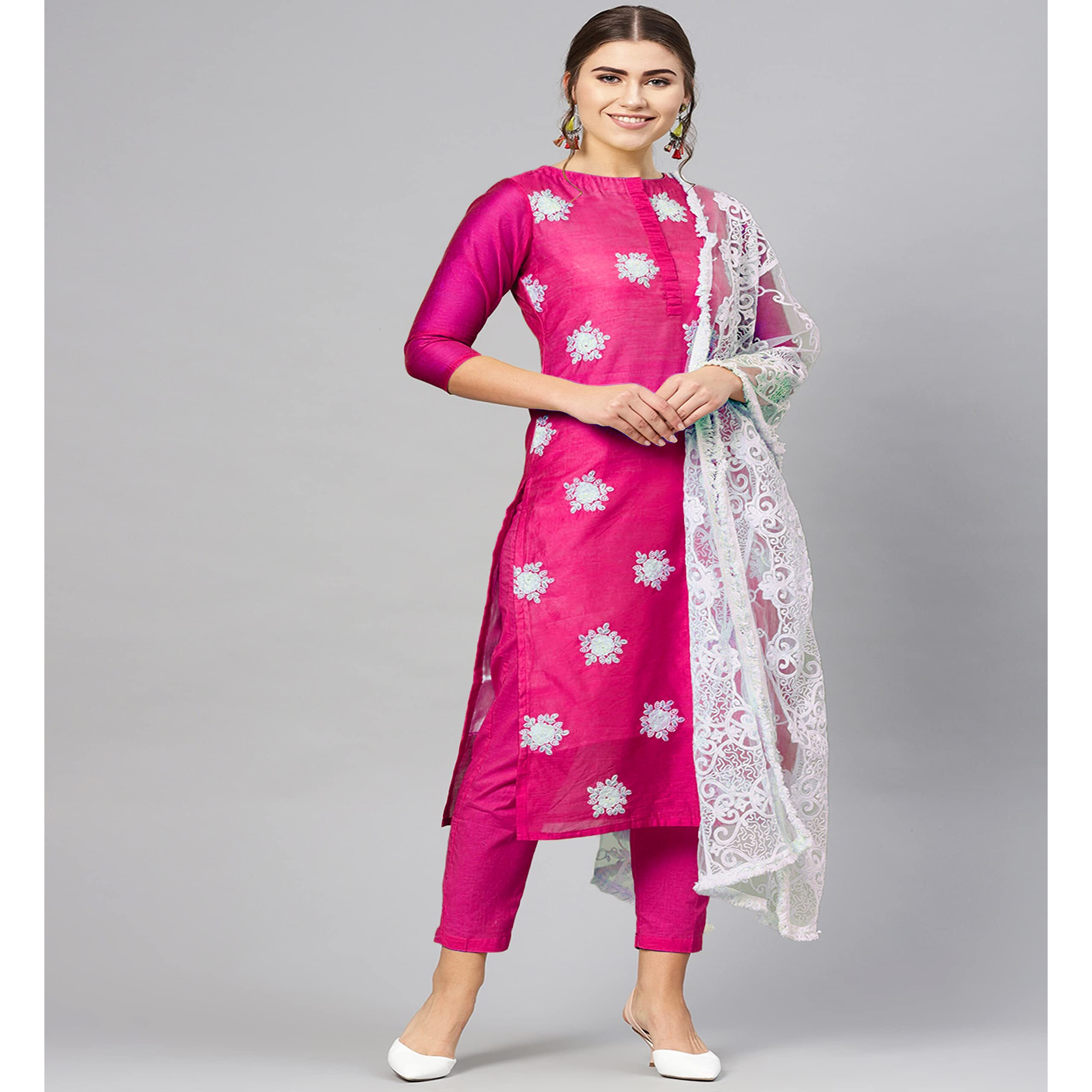 ANNI DESIGNER Women's Ruby Cotton Straight Embroidery Kurti with Pant & Dupatta Set (White-Show Pink_XXL Pink_XX-Large)
