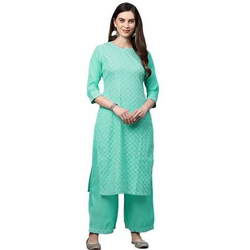 ANNI DESIGNER Women's Cotton Blend Kurta with Palazzo (KPZ-COT-10006-SEA Green_M_Sea Medium)