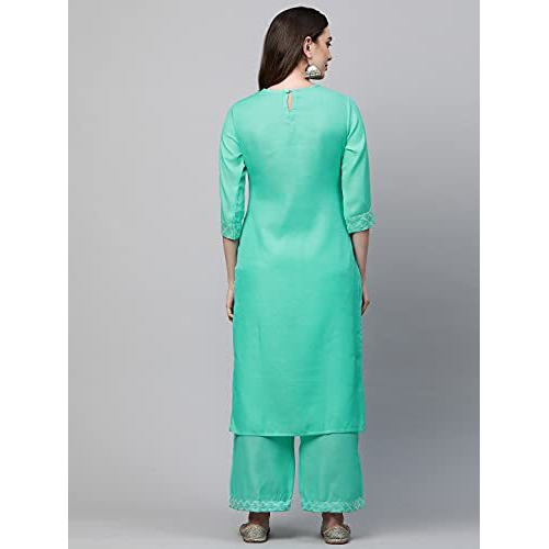 ANNI DESIGNER Women's Cotton Blend Kurta with Palazzo (KPZ-COT-10006-SEA Green_M_Sea Medium)