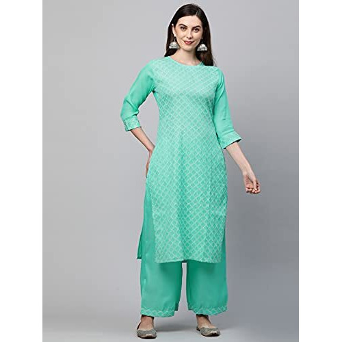 ANNI DESIGNER Women's Cotton Blend Kurta with Palazzo (KPZ-COT-10006-SEA Green_M_Sea Medium)