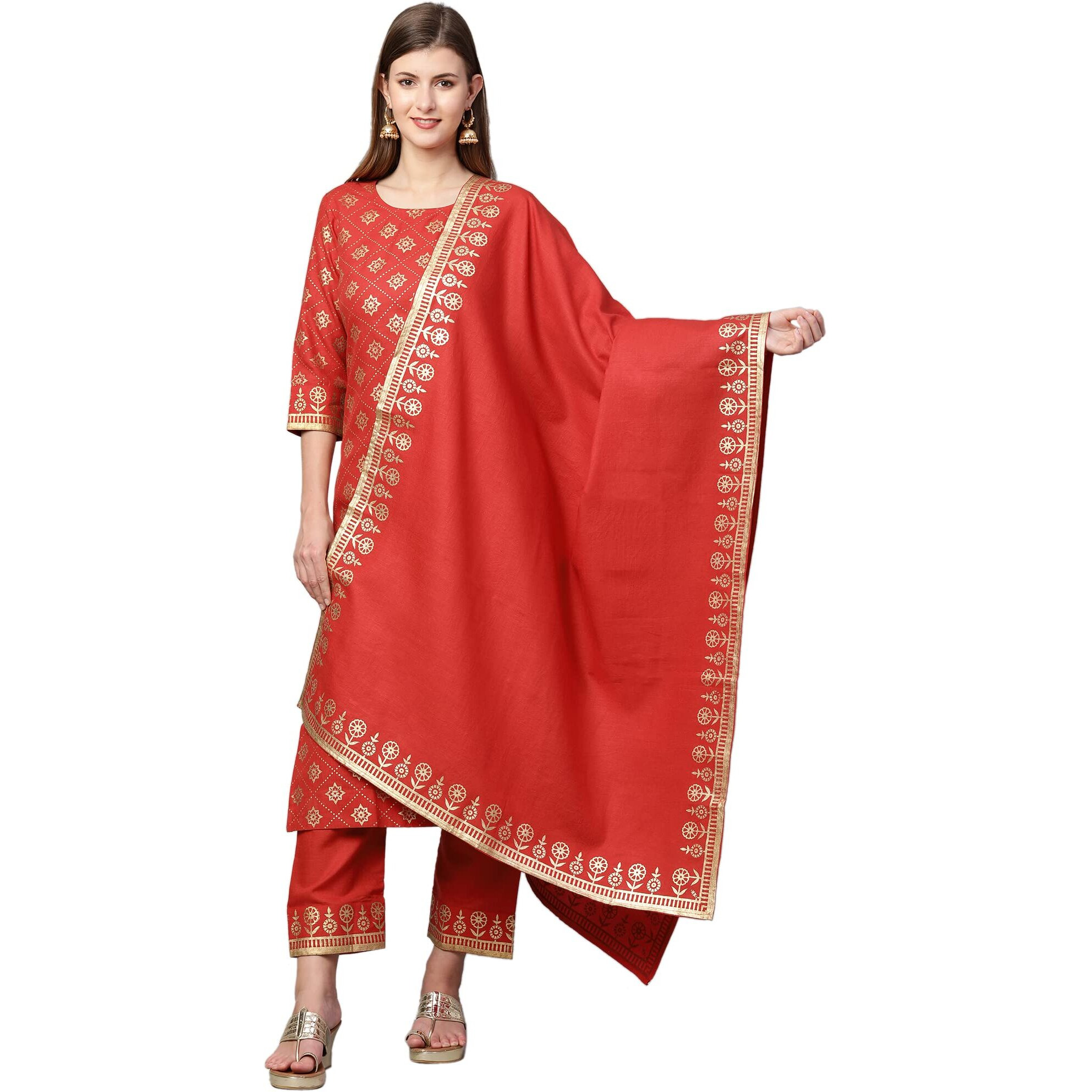 ANNI DESIGNER Women's Cotton Straight Kurta with Pant & Dupatta (KPTD-COT-10061-RED_M_Red_Medium)