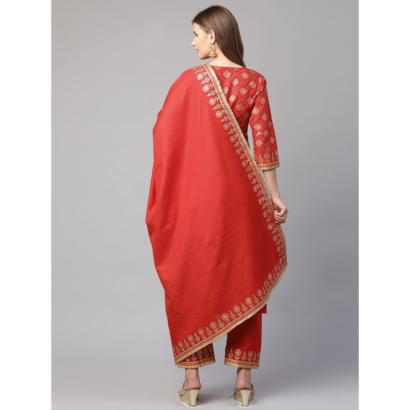 ANNI DESIGNER Women's Cotton Straight Kurta with Pant & Dupatta (KPTD-COT-10061-RED_M_Red_Medium)