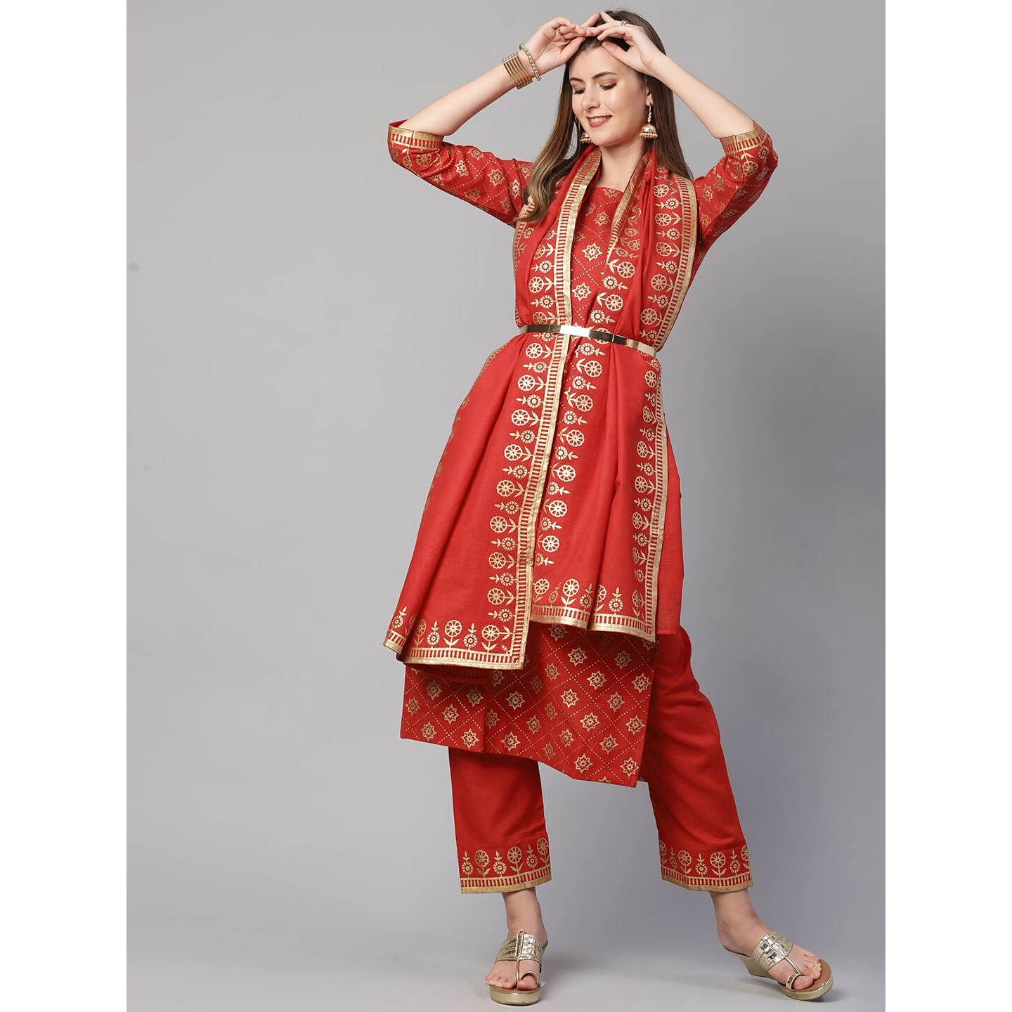 ANNI DESIGNER Women's Cotton Straight Kurta with Pant & Dupatta (KPTD-COT-10061-RED_M_Red_Medium)