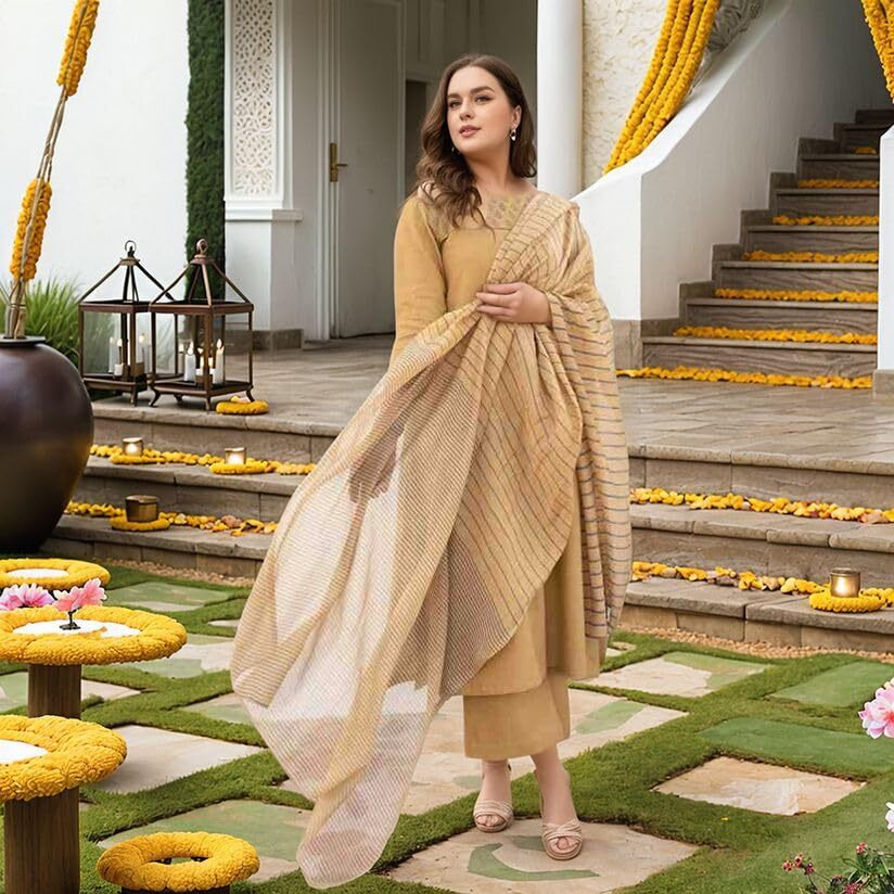 ANNI DESIGNER Women's Rayon Viscose Printed Straight Kurta with Pant & Dupatta (Purika Yellow-VKS02_M_Yellow_Medium)