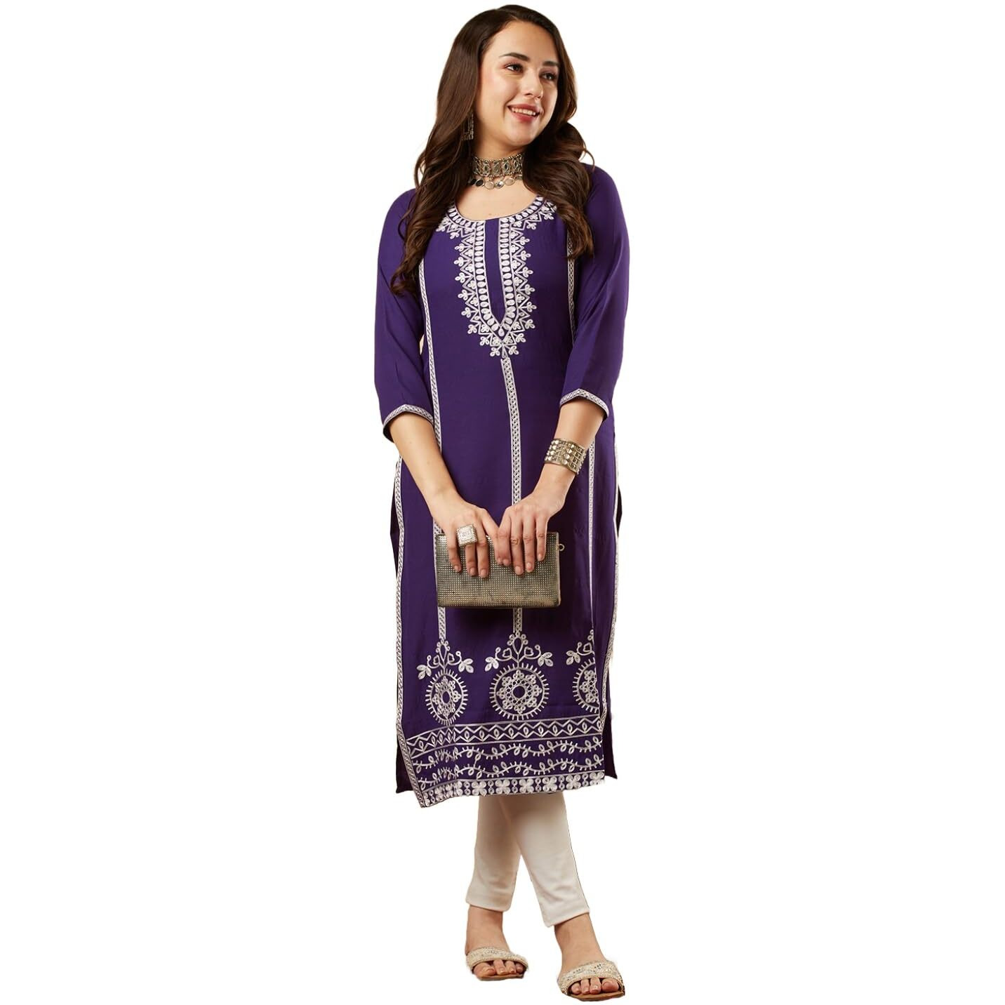 ANNI DESIGNER Women's Cotton Blend Chikankari Embroidered Straight Kurta (Chndru Violet_M_Violet_Medium)