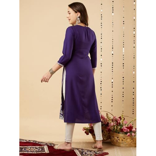 ANNI DESIGNER Women's Cotton Blend Chikankari Embroidered Straight Kurta (Chndru Violet_M_Violet_Medium)