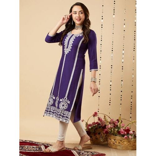 ANNI DESIGNER Women's Cotton Blend Chikankari Embroidered Straight Kurta (Chndru Violet_M_Violet_Medium)