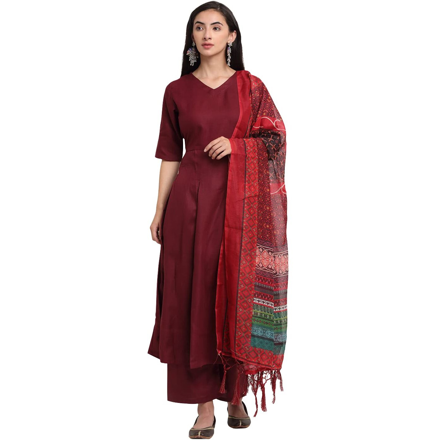 ANNI DESIGNER Women's Cotton Anarkali Kurta with Pant & Dupatta (Rani Maroon_S_Maroon_Small)