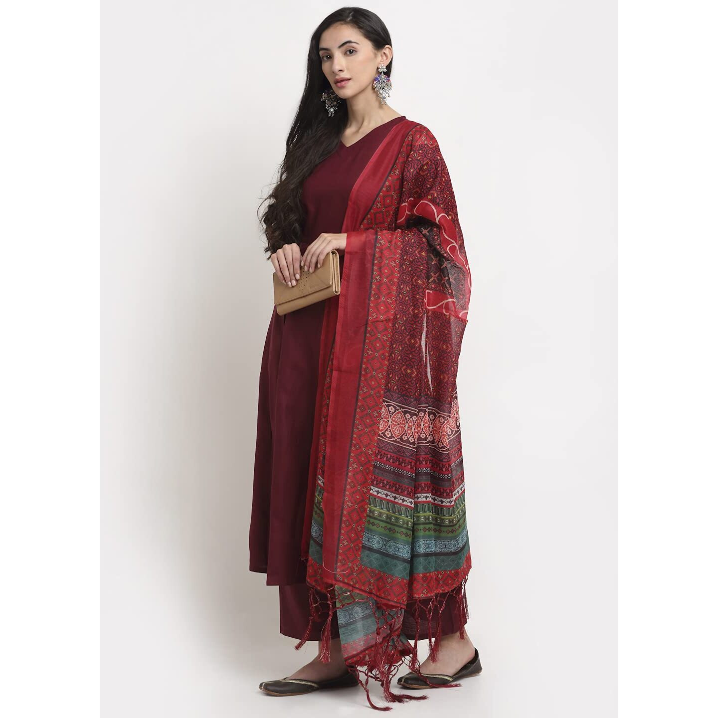 ANNI DESIGNER Women's Cotton Anarkali Kurta with Pant & Dupatta (Rani Maroon_S_Maroon_Small)