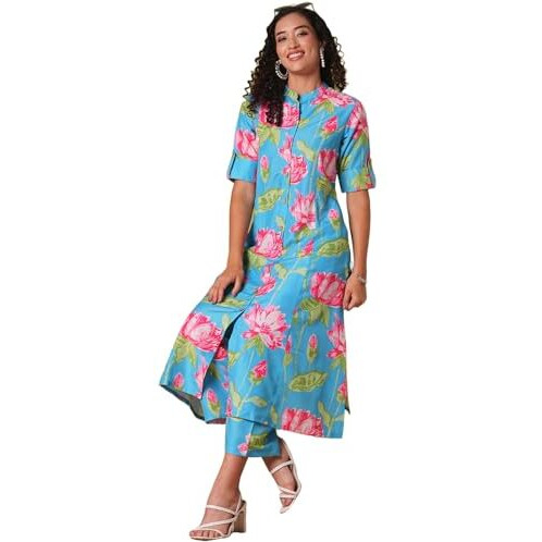ANNI DESIGNER Women's Rayon Viscose Straight Printed Kurta with Pant (Ladat Green-VKS04_L_Green_Large)