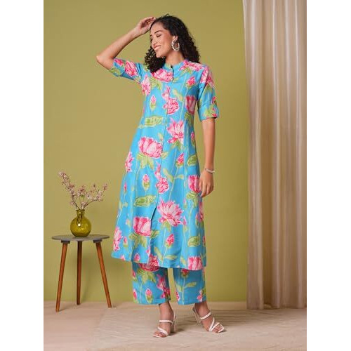 ANNI DESIGNER Women's Rayon Viscose Straight Printed Kurta with Pant (Ladat Green-VKS04_L_Green_Large)