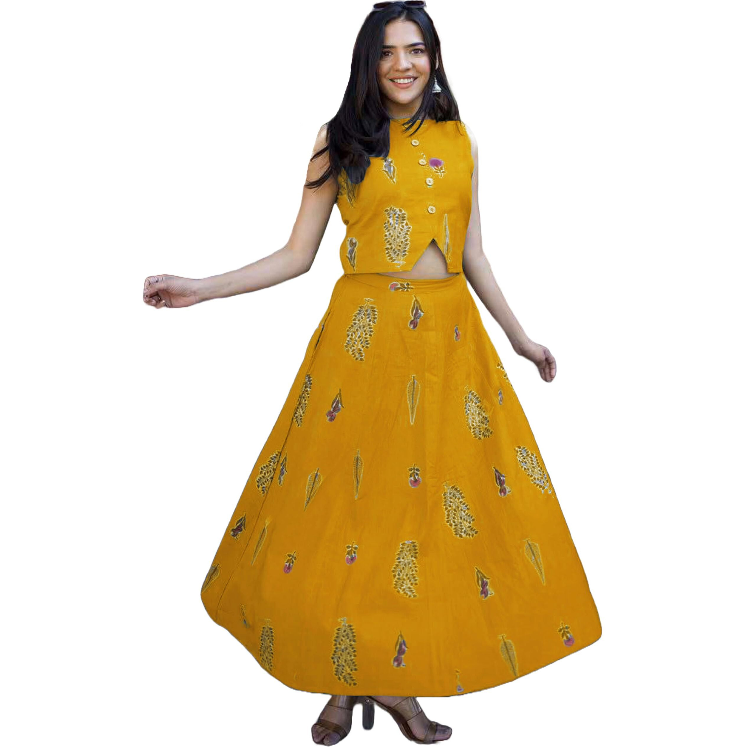 ANNI DESIGNER Women's Rayon Viscose Printed Skirt and Top Dress Set (Bijapur Yellow-VKS01_M_Yellow_Medium)