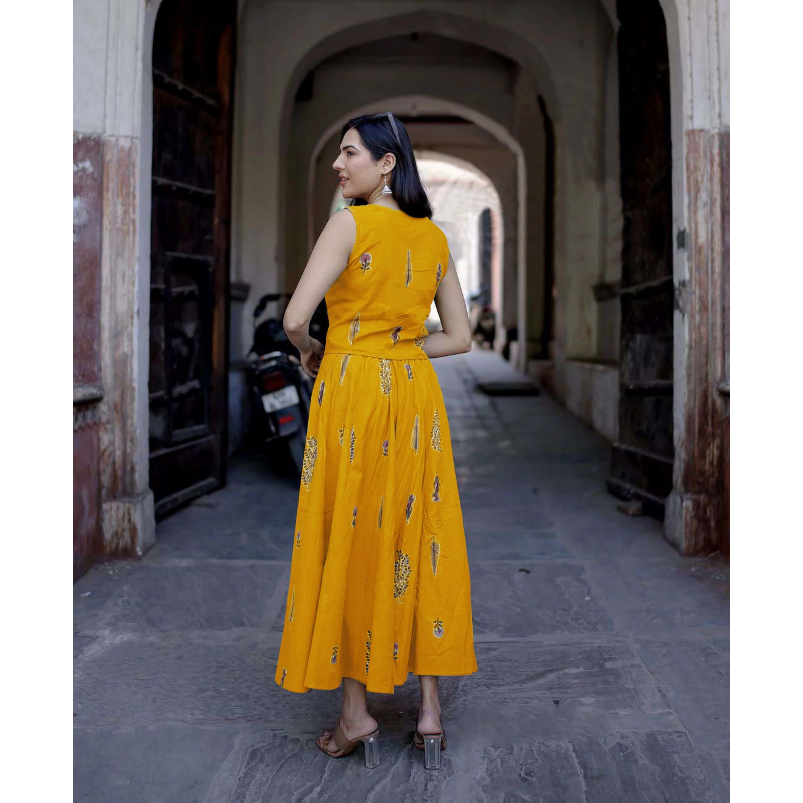ANNI DESIGNER Women's Rayon Viscose Printed Skirt and Top Dress Set (Bijapur Yellow-VKS01_M_Yellow_Medium)
