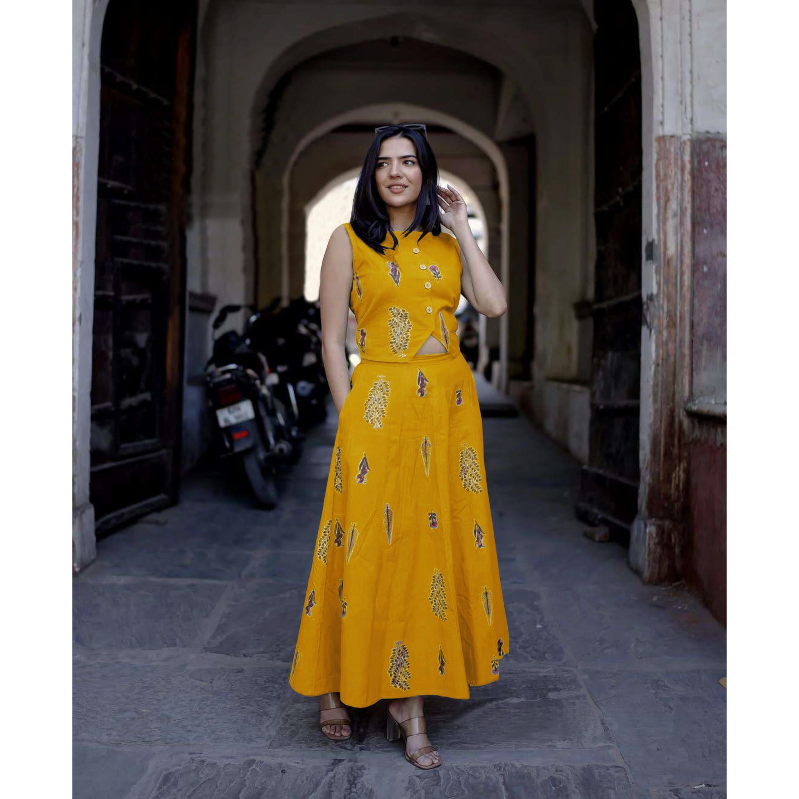 ANNI DESIGNER Women's Rayon Viscose Printed Skirt and Top Dress Set (Bijapur Yellow-VKS01_M_Yellow_Medium)