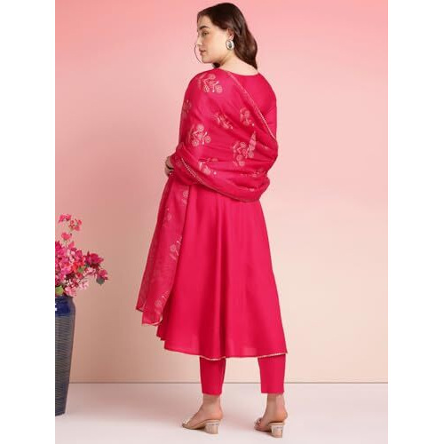 ANNI DESIGNER Women's Rayon Blend Anarkali Embroidered Kurta with Pant & Dupatta (APARNAA PINK-VKS03_XL_Pink_X-Large)