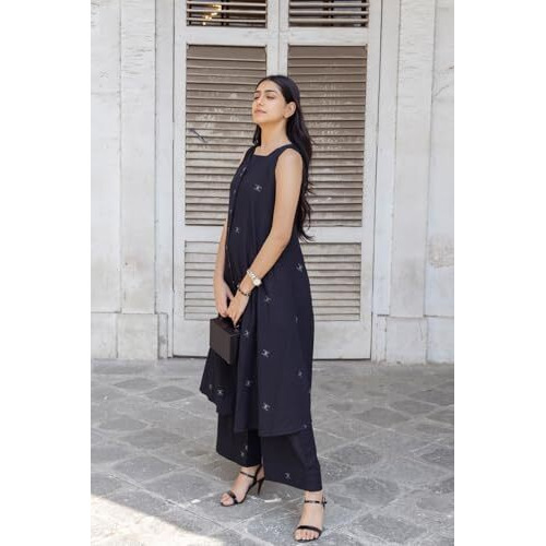 ANNI DESIGNER Women's Rayon Viscose A-Line Printed Kurta with Palazzo (Rawana Black_S_Black_Small)