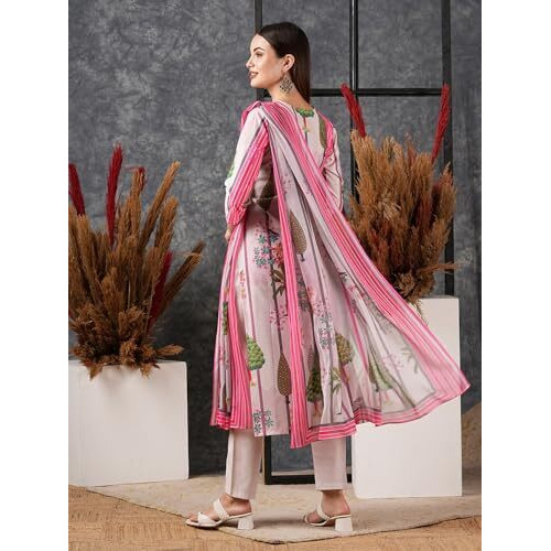 ANNI DESIGNER Women's Cotton Blend Straight Printed Kurta with Pant & Dupatta (Darur Pink_S_Pink_Small)