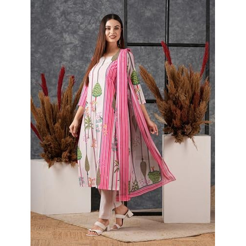 ANNI DESIGNER Women's Cotton Blend Straight Printed Kurta with Pant & Dupatta (Darur Pink_S_Pink_Small)
